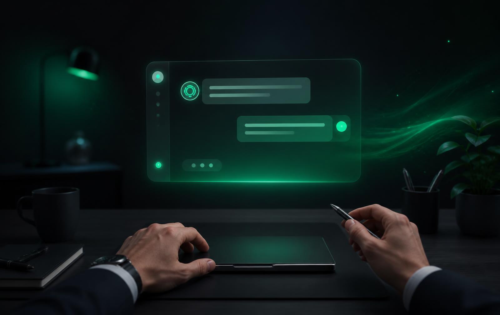 Unternehmer arbeitet mit einem KI-Chatfenster, in dem Werbung für sein Unternehmen erscheint